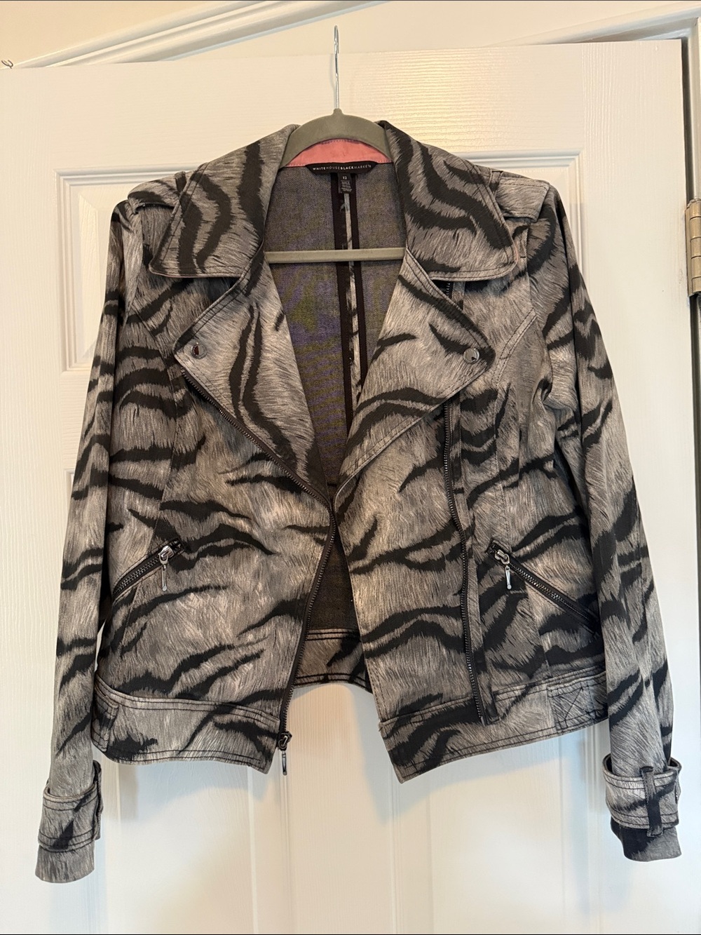 White House Black Market Black and Gray Patterned Moto Jacket
